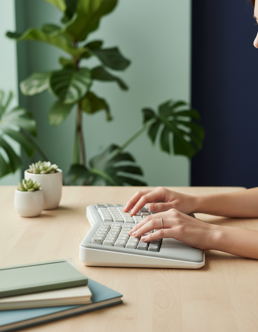 Person typing comfortably on a curved ergonomic keyboard at a plant-filled desk